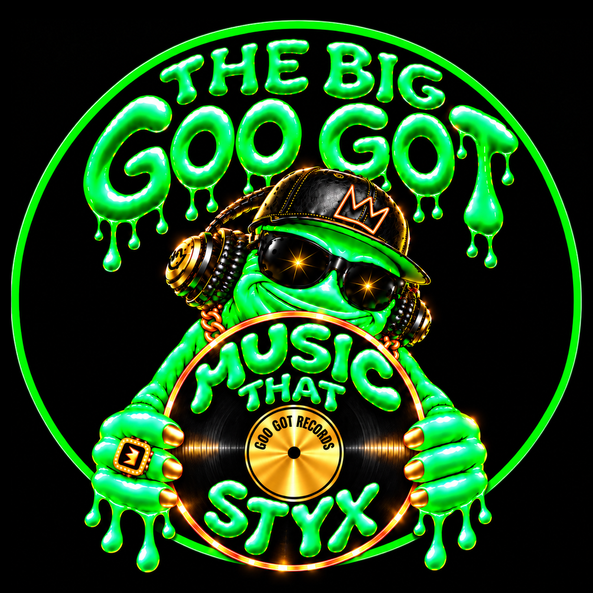 THE BIG GOO GOT, a neon-green mascot in gold headphones, holding a vinyl record